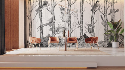 Monochrome Forest Birds Mural Wallpaper in dining room