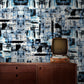 Wallpaper mural with black and blue squares for the hallway's decor.