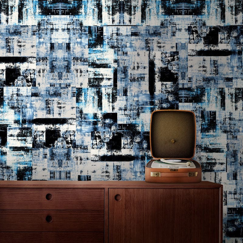 Wallpaper mural with black and blue squares for the hallway's decor.