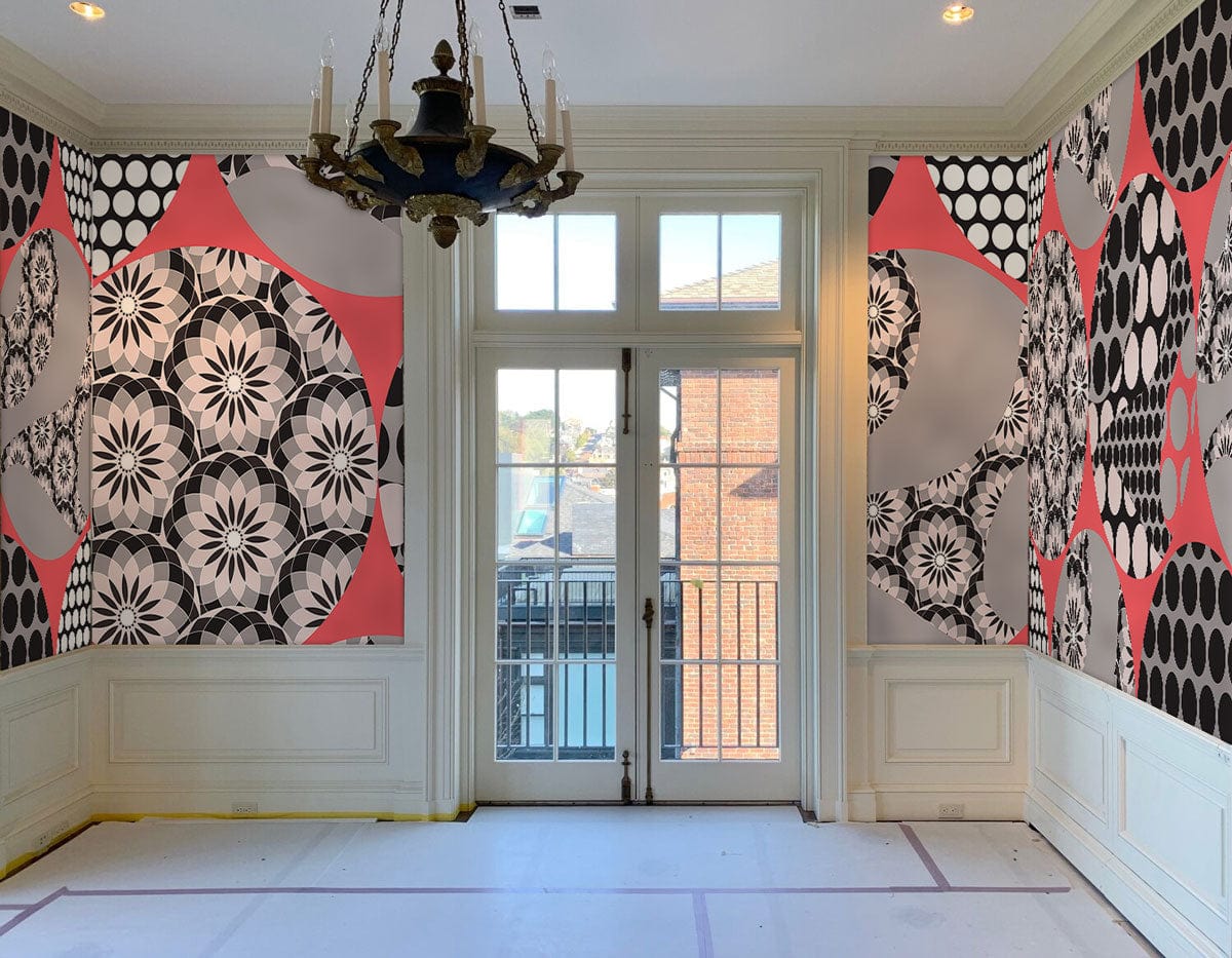 Kaleidoscope wallpaper mural in black and pink, perfect for decorating the hallway.