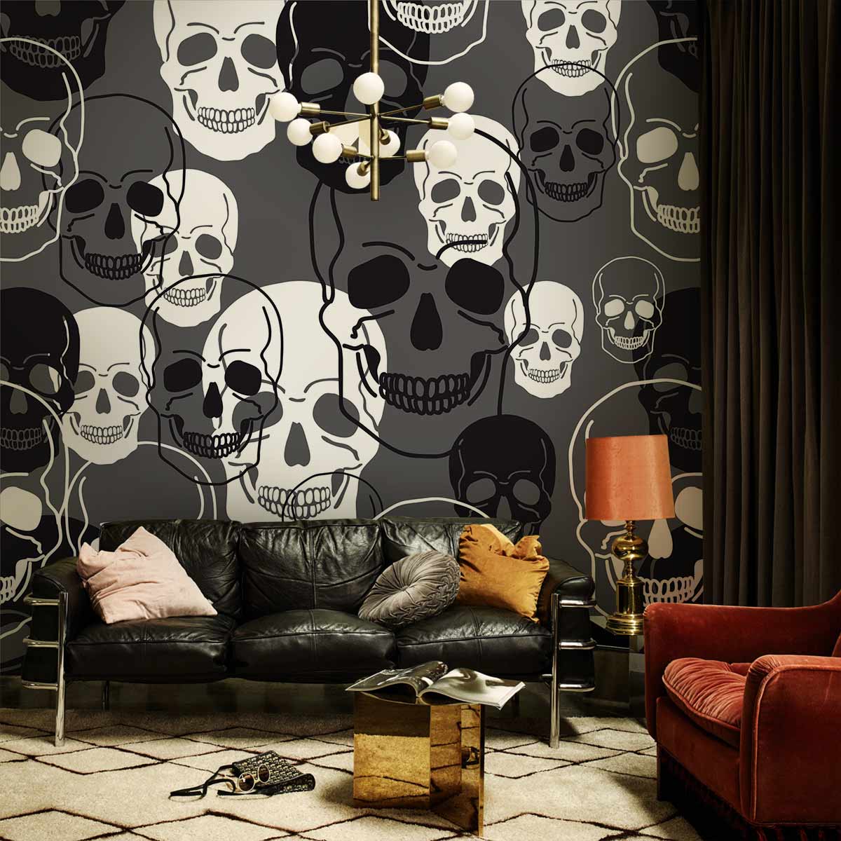 Grey Skeleton Head Pattern Custom Wallpaper Interior Art