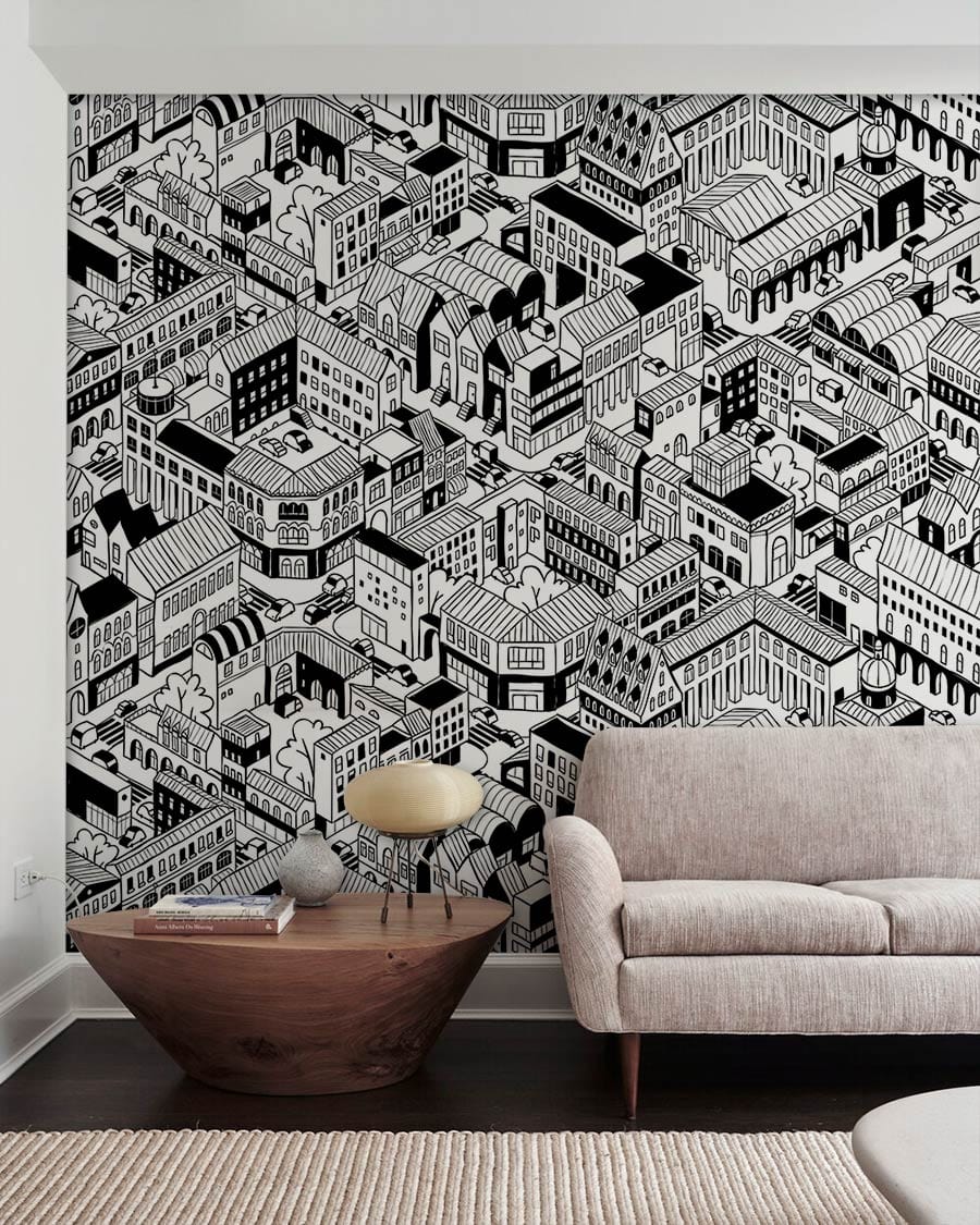 black & white building wallpaper mural for living room