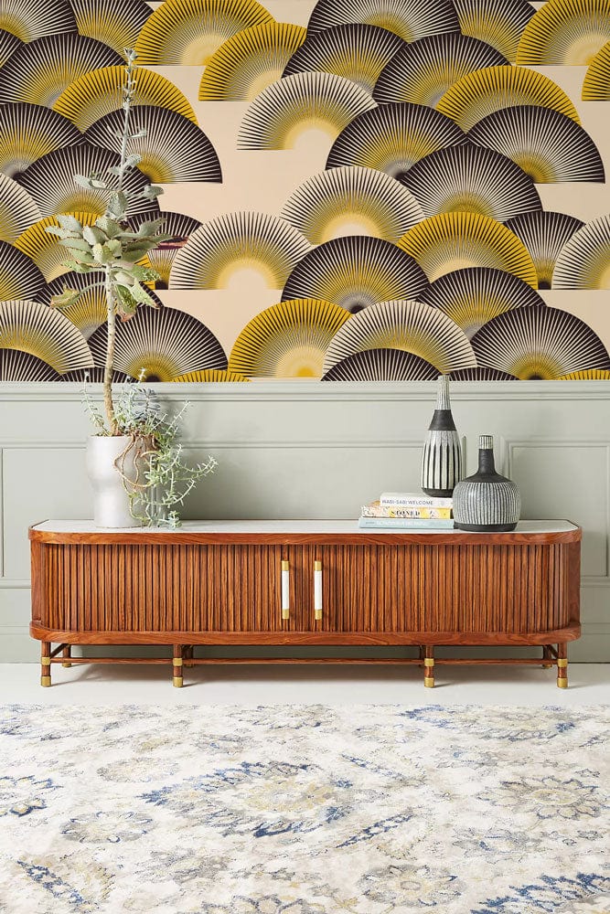 Hallway Decoration Featuring a Wallpaper Mural of Black and Yellow Fans