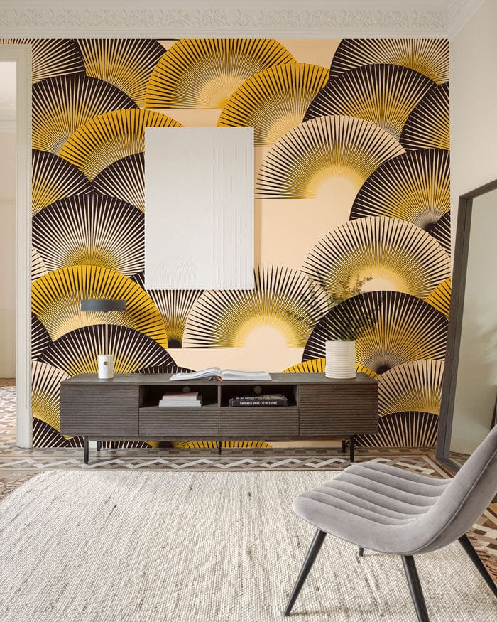 Decorate your hallway with this wallpaper mural featuring black and yellow fans.