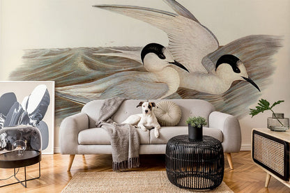 Elegant Seabirds Watercolor Mural Wallpaper in living room