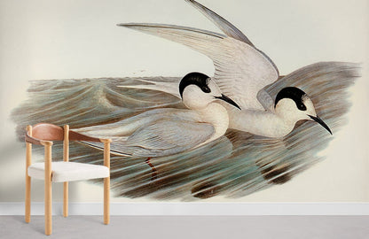 Elegant Seabirds Watercolor Mural Wallpaper in living room
