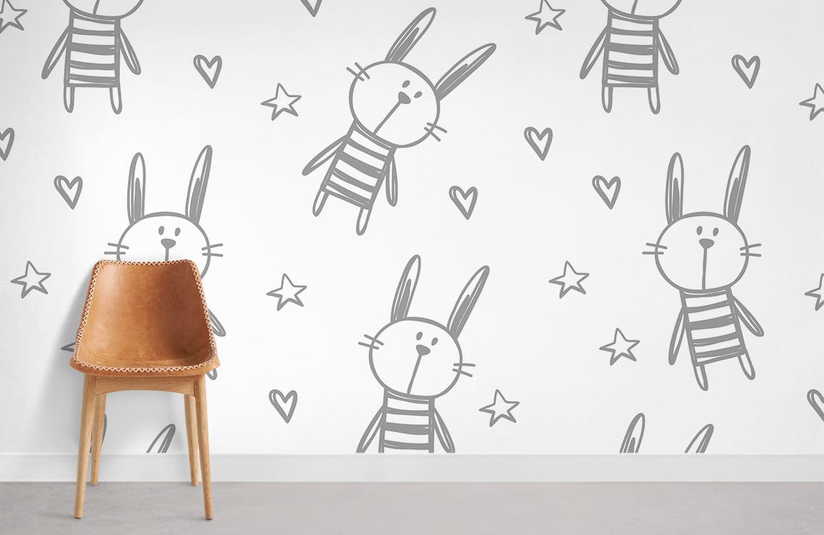 Black & White Bunny Cartoon Wallpaper Room Decoration Idea