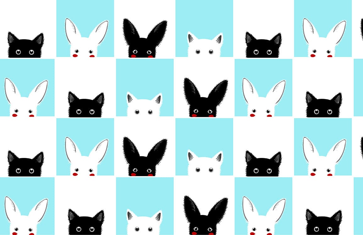 Modern Black White Cat Bunny Mural Wallpaper