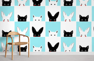 Modern Black White Cat Bunny Mural Wallpaper