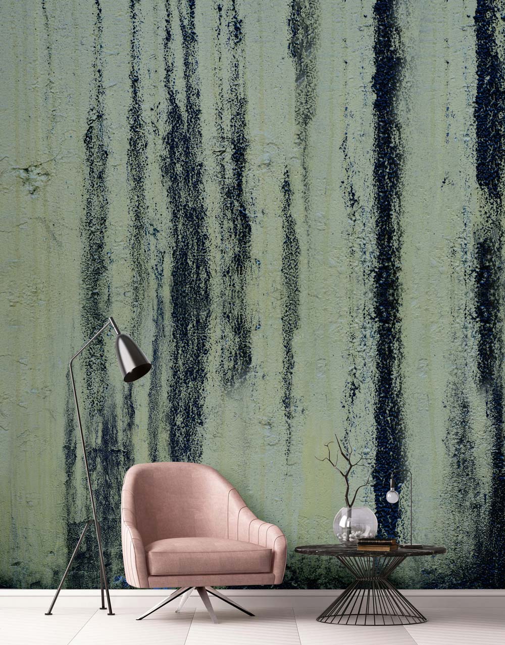 Destroyed Blackened Green Paint Wall Mural Design