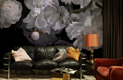 Elegant White Floral Blossom Mural Wallpaper in living room