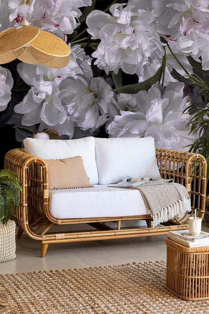 Elegant White Floral Blossom Mural Wallpaper in living room
