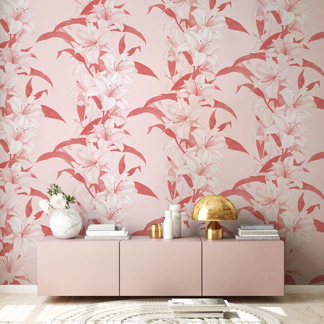 Pink lilies in bloom are shown on the hallway's wall mural.