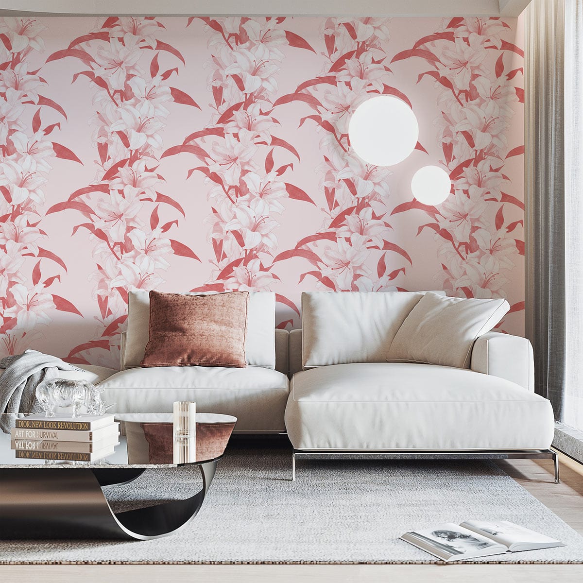 Pink lilies in bloom adorn the wall mural wallpaper in the living area.