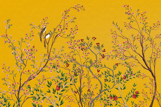 Pomegranate trees with birds perched on their limbs wallpaper paintings