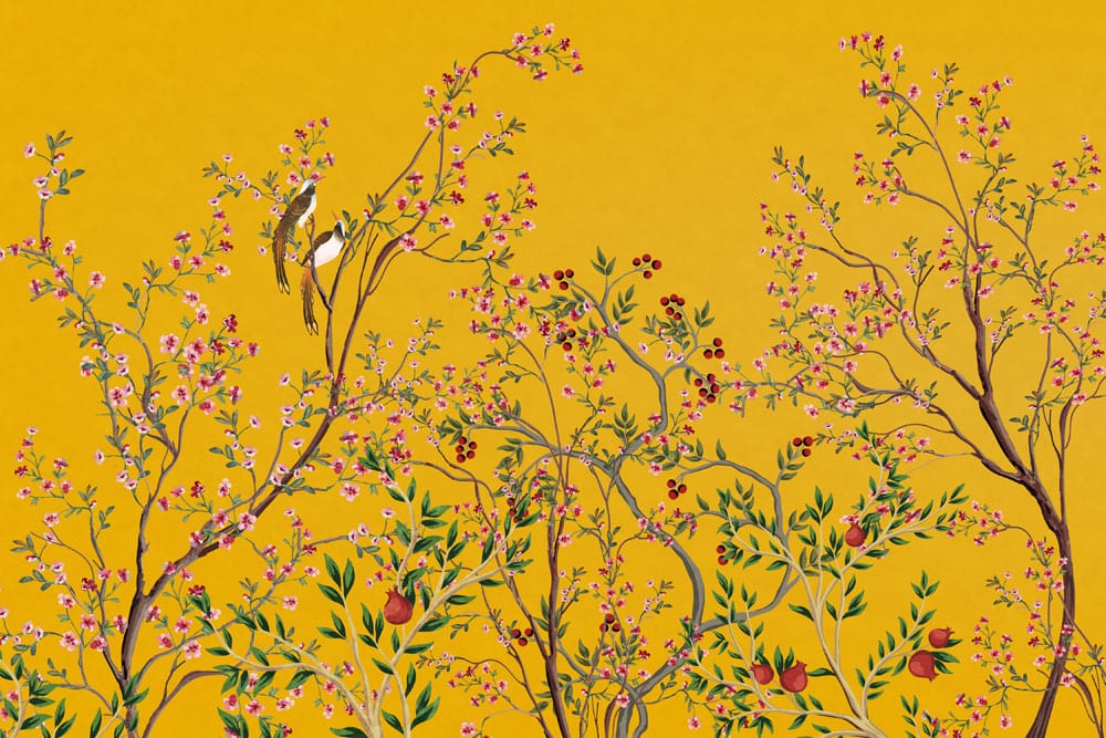 Pomegranate trees with birds perched on their limbs wallpaper paintings