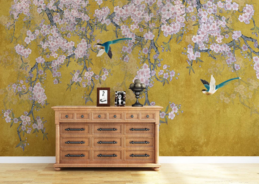 Wall Mural Wallpaper with Blossoms in Front for the Hallway Decoration
