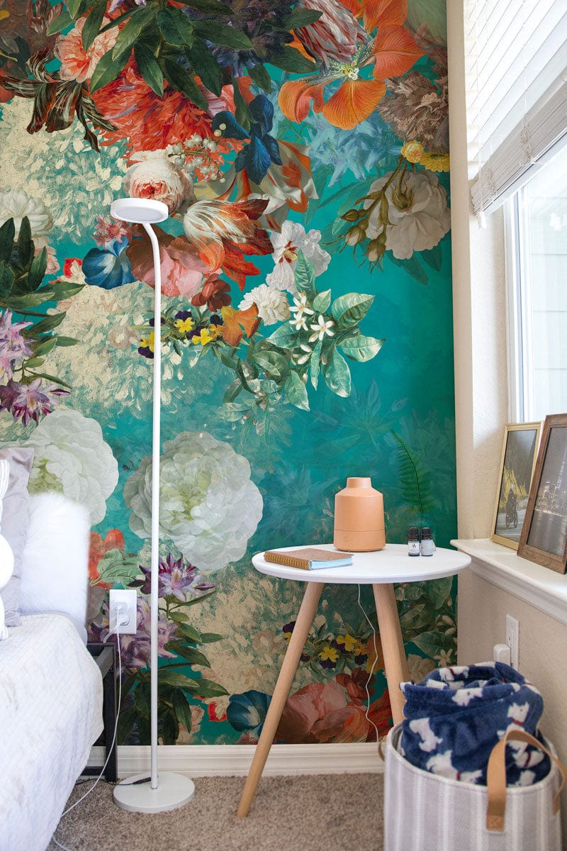 Bedroom mural featuring blooms on a lake