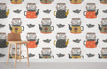 Vintage Teapot Floral Kitchen Mural Wallpaper