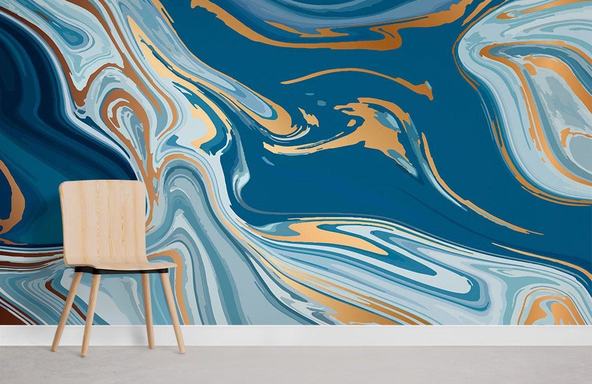 Mural wallpaper in the room featuring a blue abstract marble design.