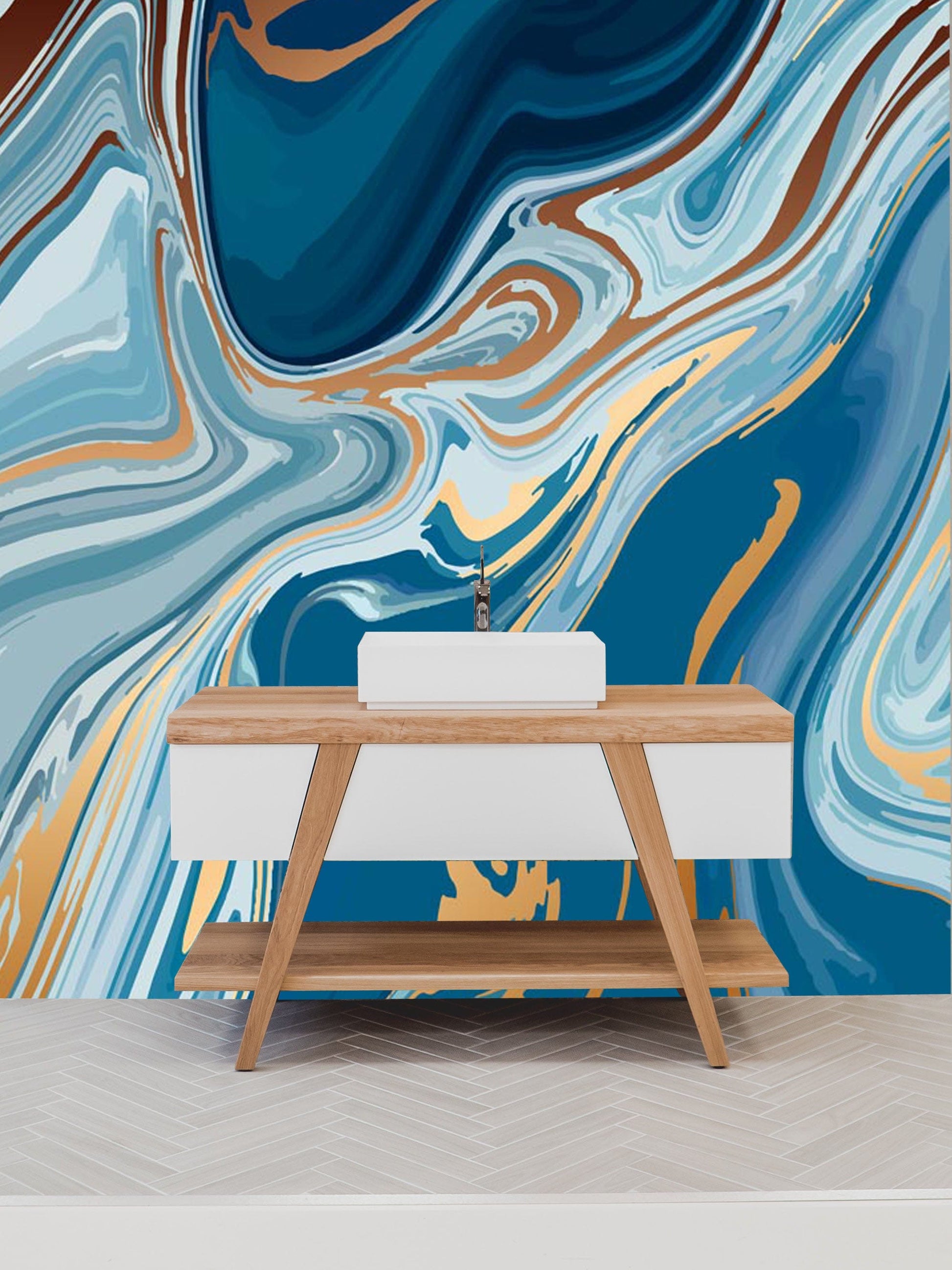 Mural wallpaper design featuring a blue abstract marble pattern for the living room.