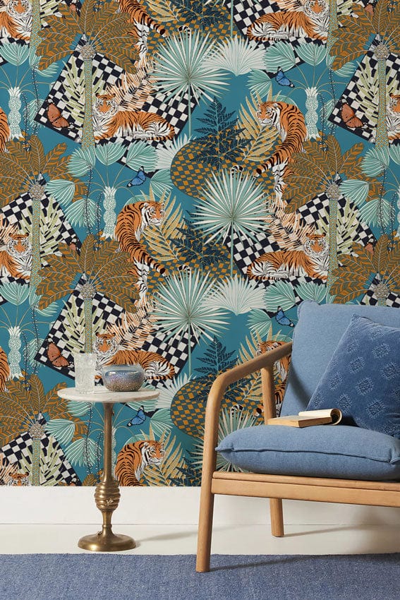 Blue Abstract Tiger Jungle Wallpaper Mural for Use as Decoration in Hallways