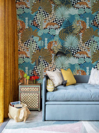 Blue Abstract Tiger Jungle Wallpaper Mural for Use as D��cor in the Living Room
