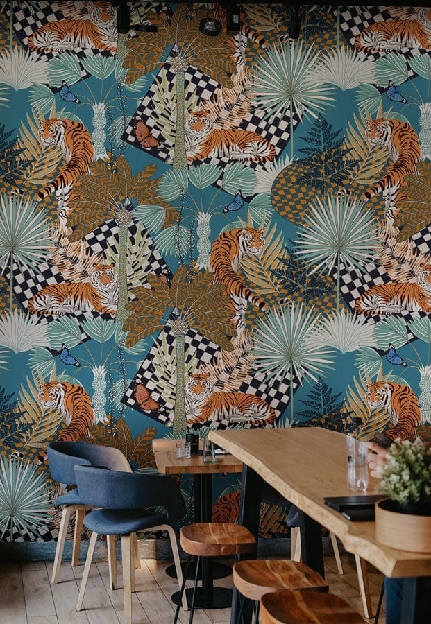 Wallcovering Mural in Blue with Abstract Tigers in the Jungle for Restaurant Decoration