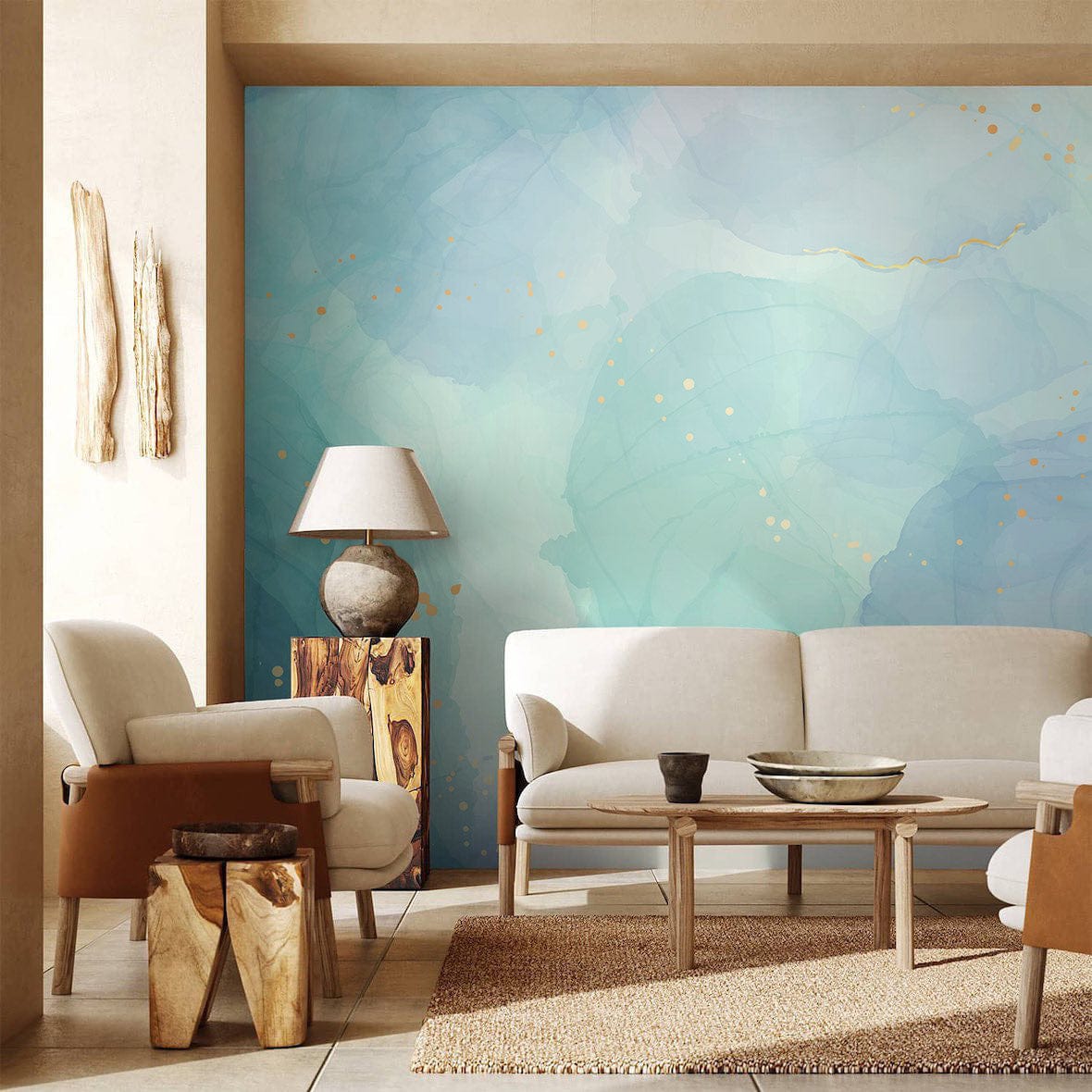 light blue Watercolor effect Wallpaper Mural for living Room