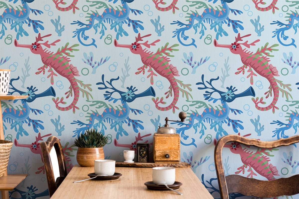 Blue and Pink Seahorses Animal Wallpaper Home Interior Decor 