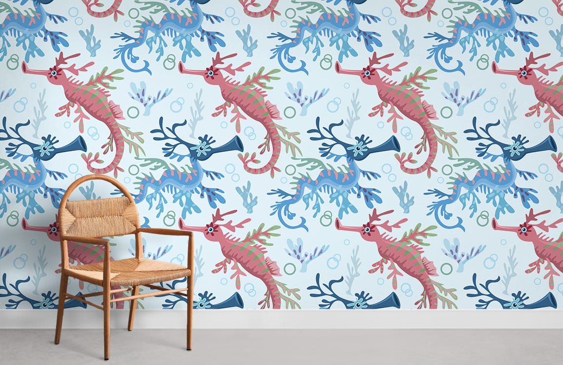 Blue and Pink Seahorses Ocean Wallpaper Room Decoration Idea