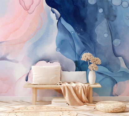 Ethereal Blue Pink Watercolor Mural Wallpaper in living room