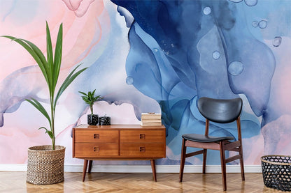 Ethereal Blue Pink Watercolor Mural Wallpaper in living room