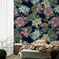 Wallpaper mural featuring daisies in blue and purple for use as bedroom decor.