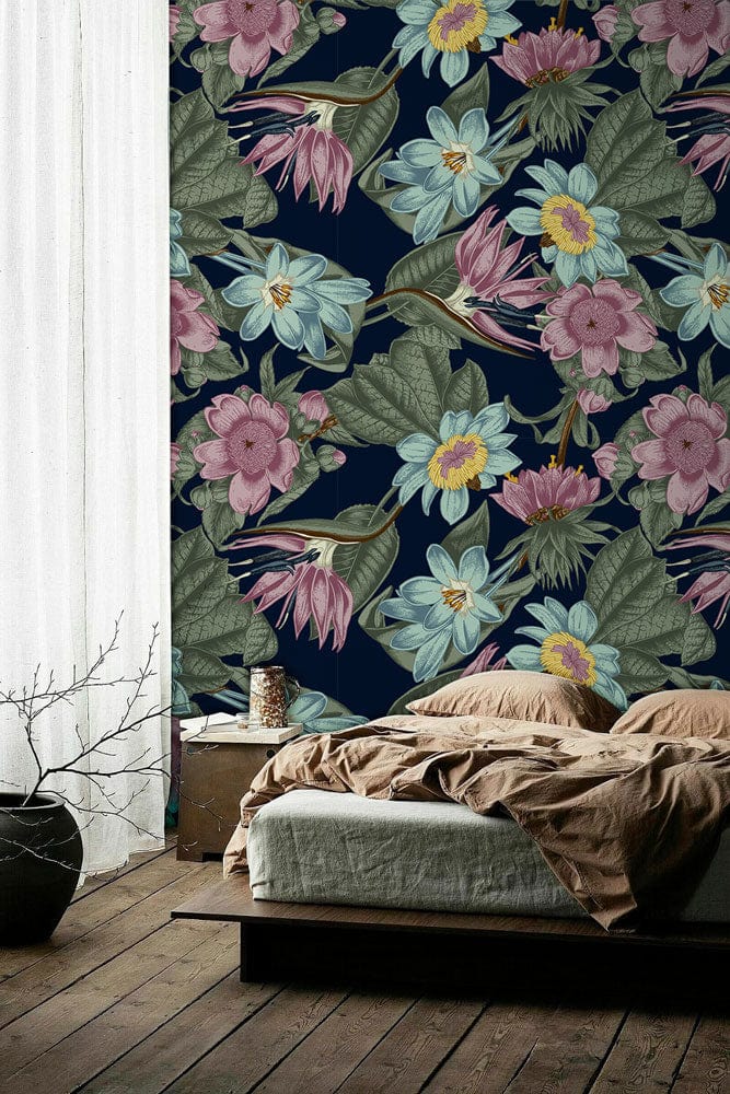 Wallpaper mural featuring daisies in blue and purple for use as bedroom decor.