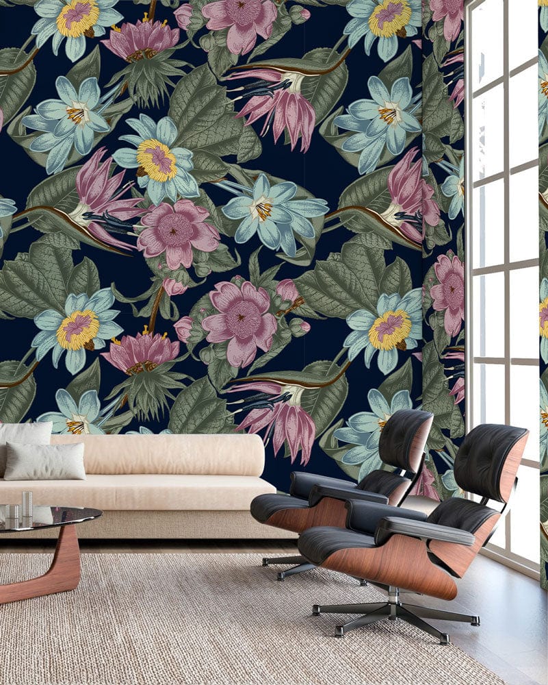 Daisies in Blue and Purple on a Wallpaper Mural to Decorate the Living Room