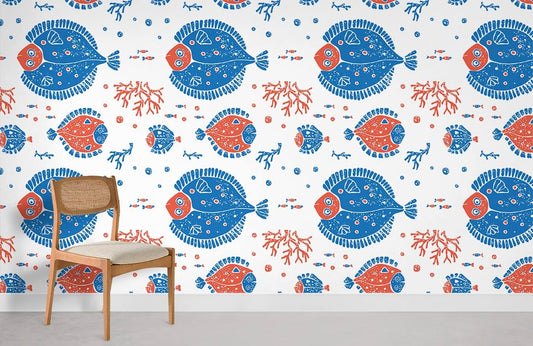 Blue and Red Fishes Ocean Mural Wallpaper Room Decoration Idea