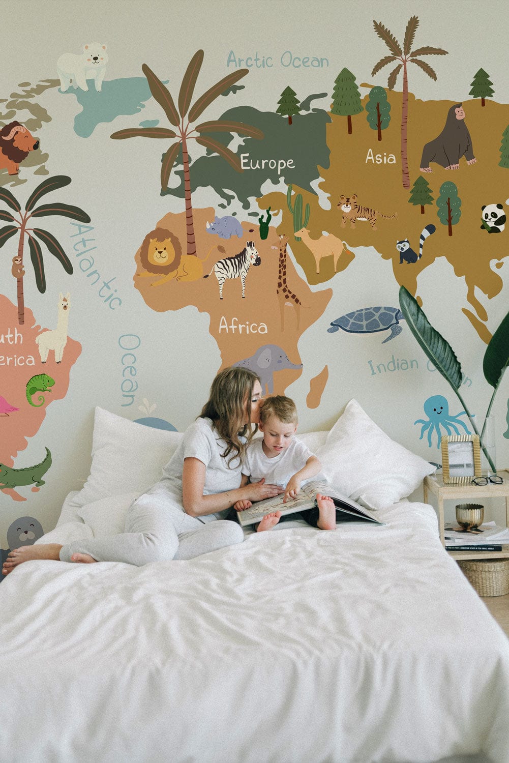 Mural wallpaper in the form of a blue animal map, intended for use in a child's bedroom decor