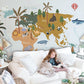 Mural wallpaper design featuring a blue animal map, ideal for use in a child's bedroom decor