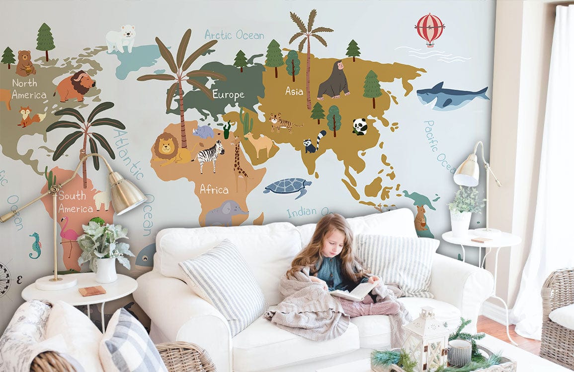 Mural wallpaper design featuring a blue animal map, ideal for use in a child's bedroom decor