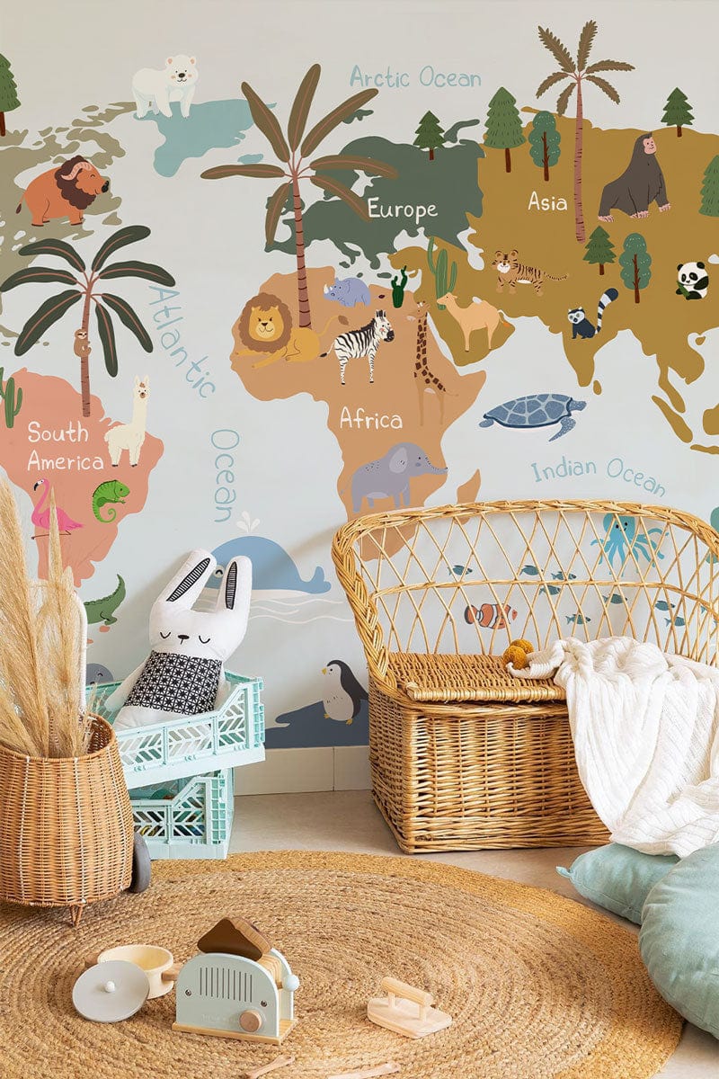 Wallpaper mural featuring a blue animal map for use in decorating a nursery