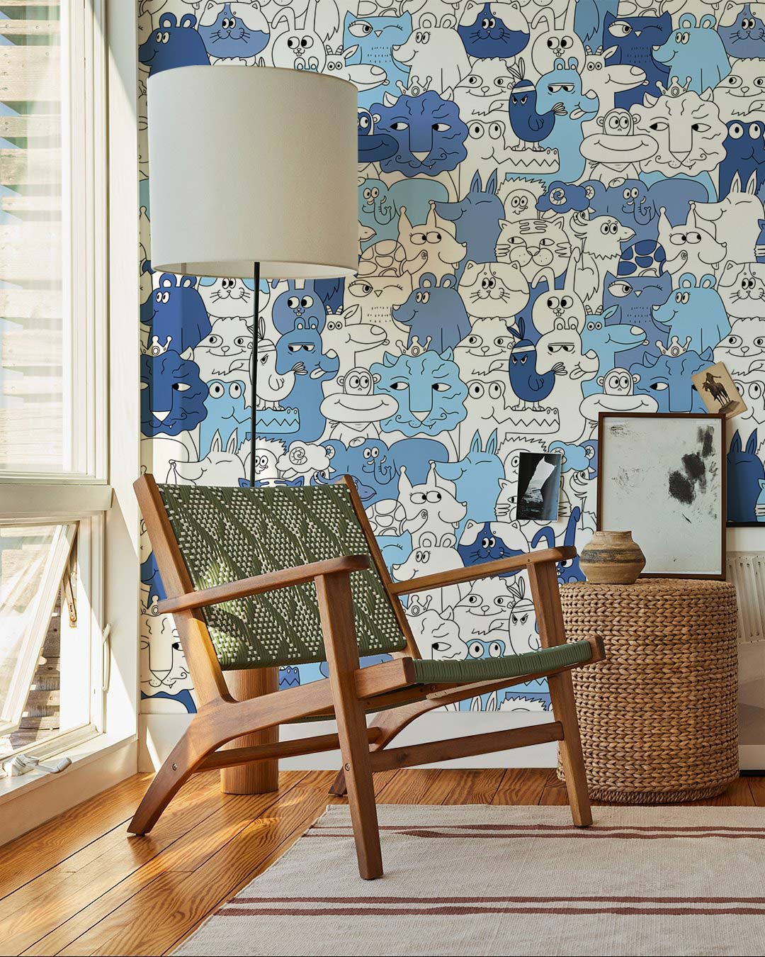 Blue Mural Wallpaper with Various Unique Animals for Use as Decoration in Hallways