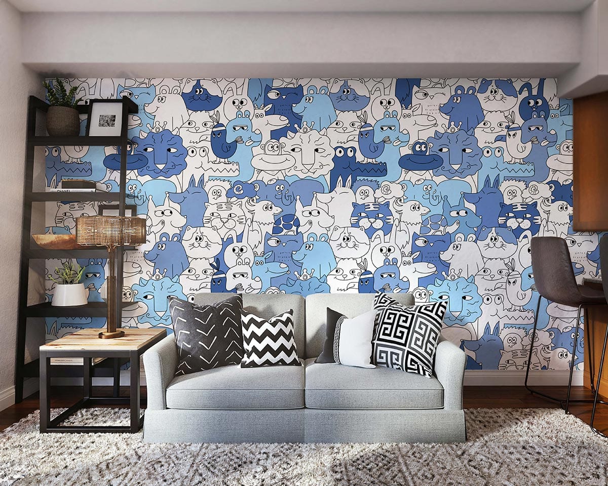 Blue Wall Mural Wallpaper with Special Animal Figures, Suitable for Living Room Decoration