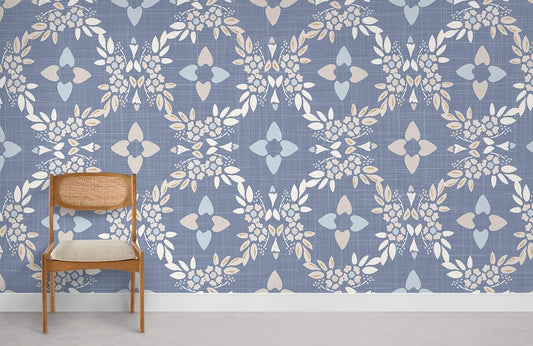 Blue Batik Flower Pattern Wallpaper Room Decor