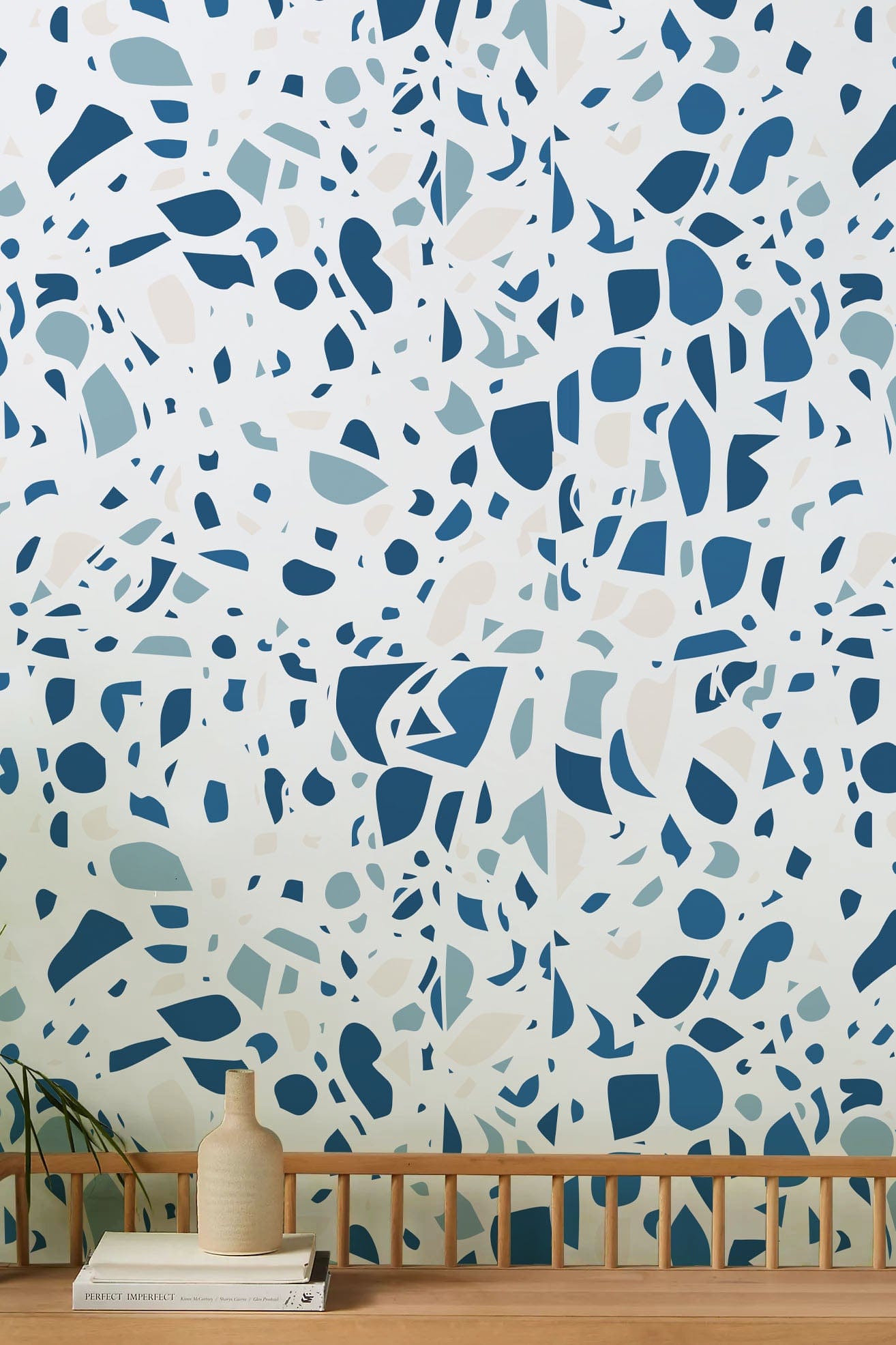 Living Room Wallpaper Mural Featuring a Blue Chips and Marble Pattern