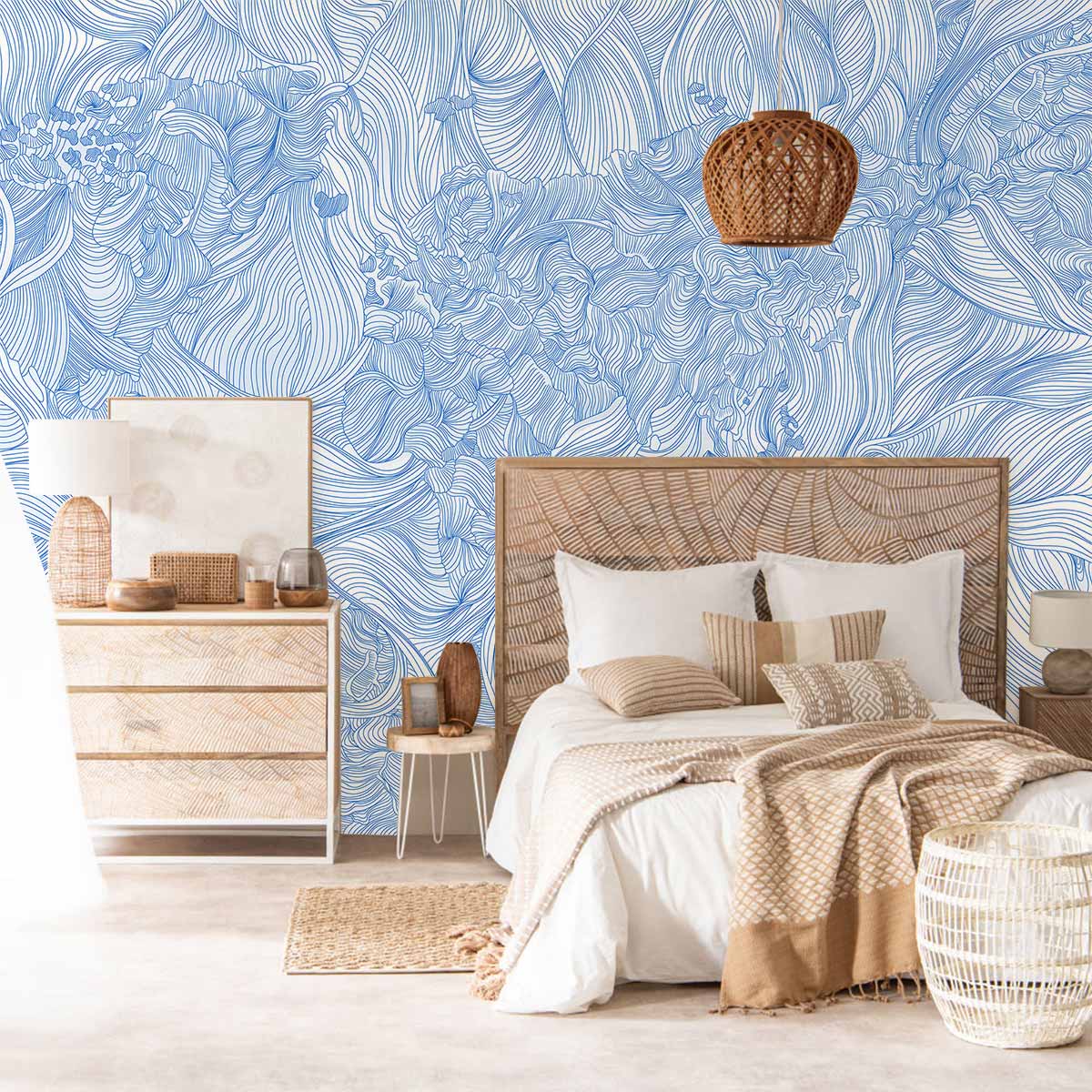 sketched Blue Crossing line flower wall Murals for bedroom