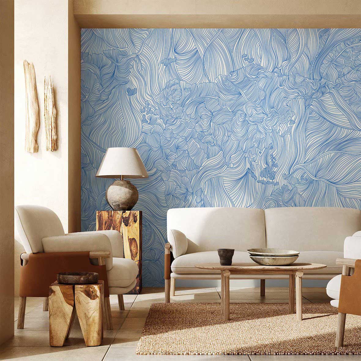 sketched Blue Crossing line flower wall Murals for living Room decor