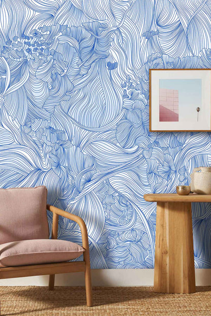 sketched Blue Crossing line flower wall Murals for hallway