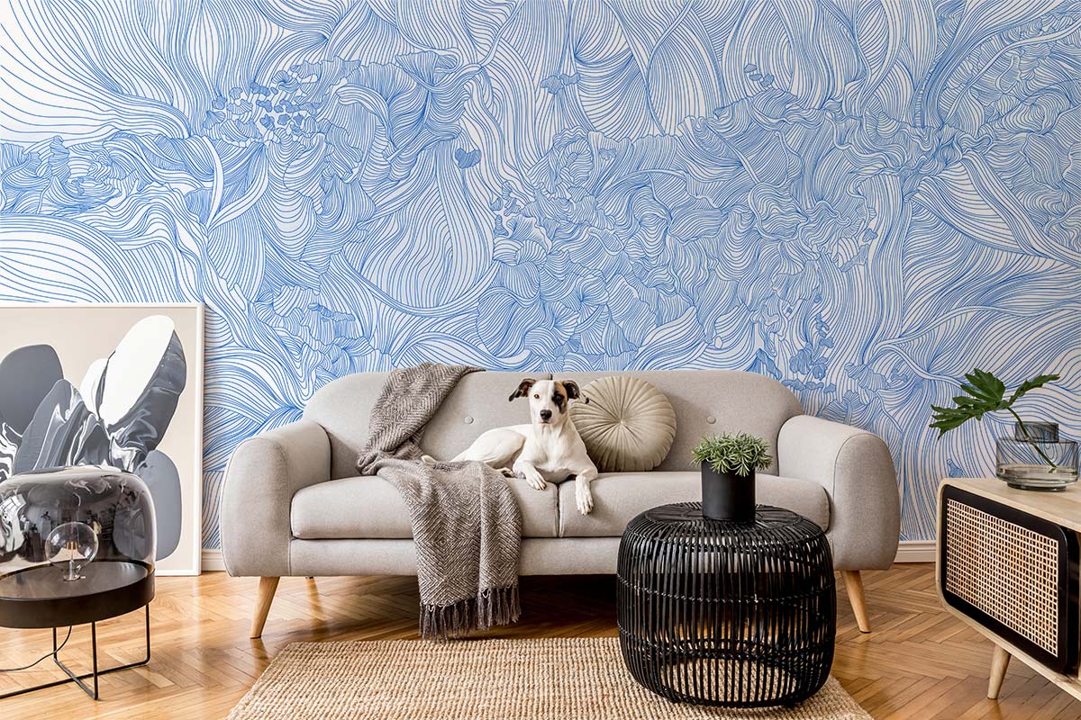 sketched Blue Crossing line flower wall Murals for living room