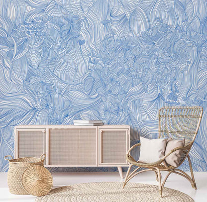 sketched Blue Crossing line flower wall Murals for reading Room decor